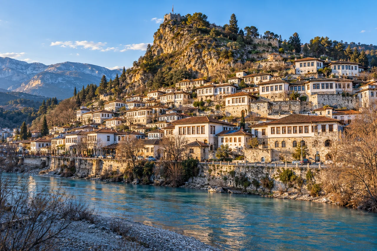 Winter illustration of Berat's hillside houses and the Osum river in Albania