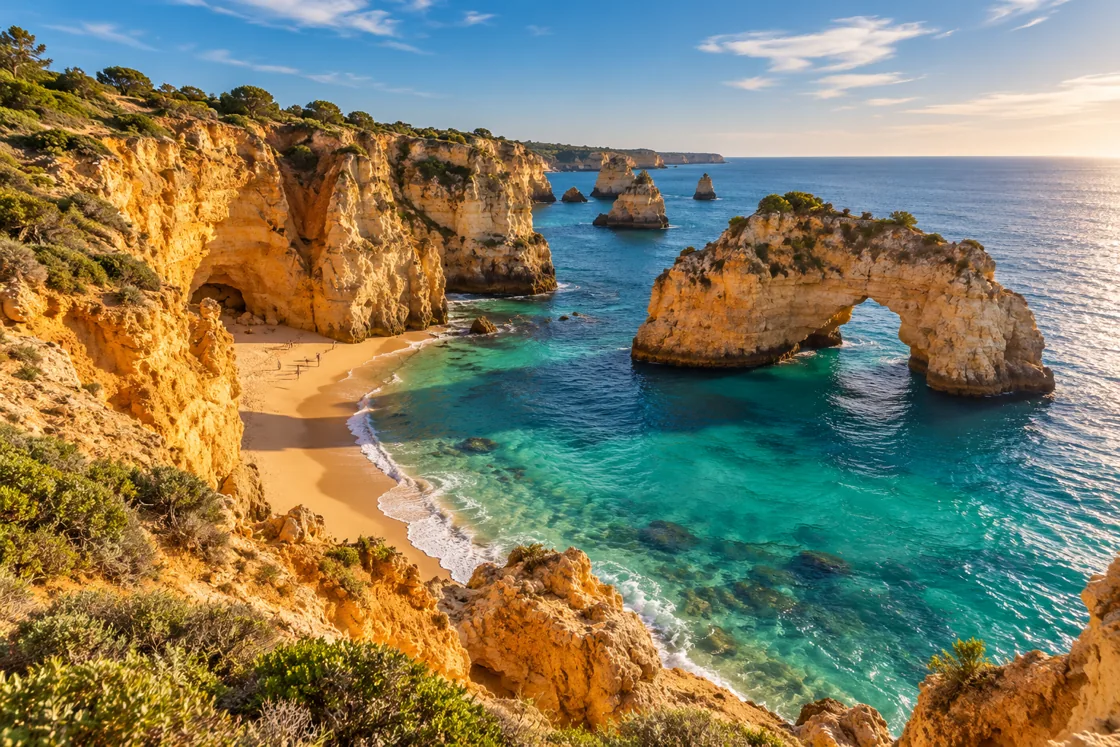 Algarve-inspired illustration of golden limestone cliffs, a sandy cove and blue Atlantic water