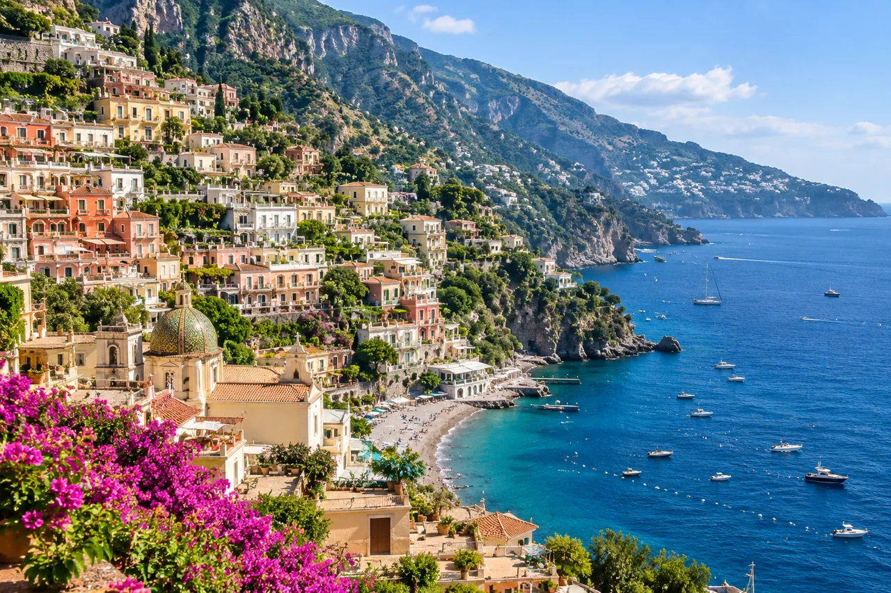 Postcard illustration of Positano's hillside houses, blue sea and bougainvillea